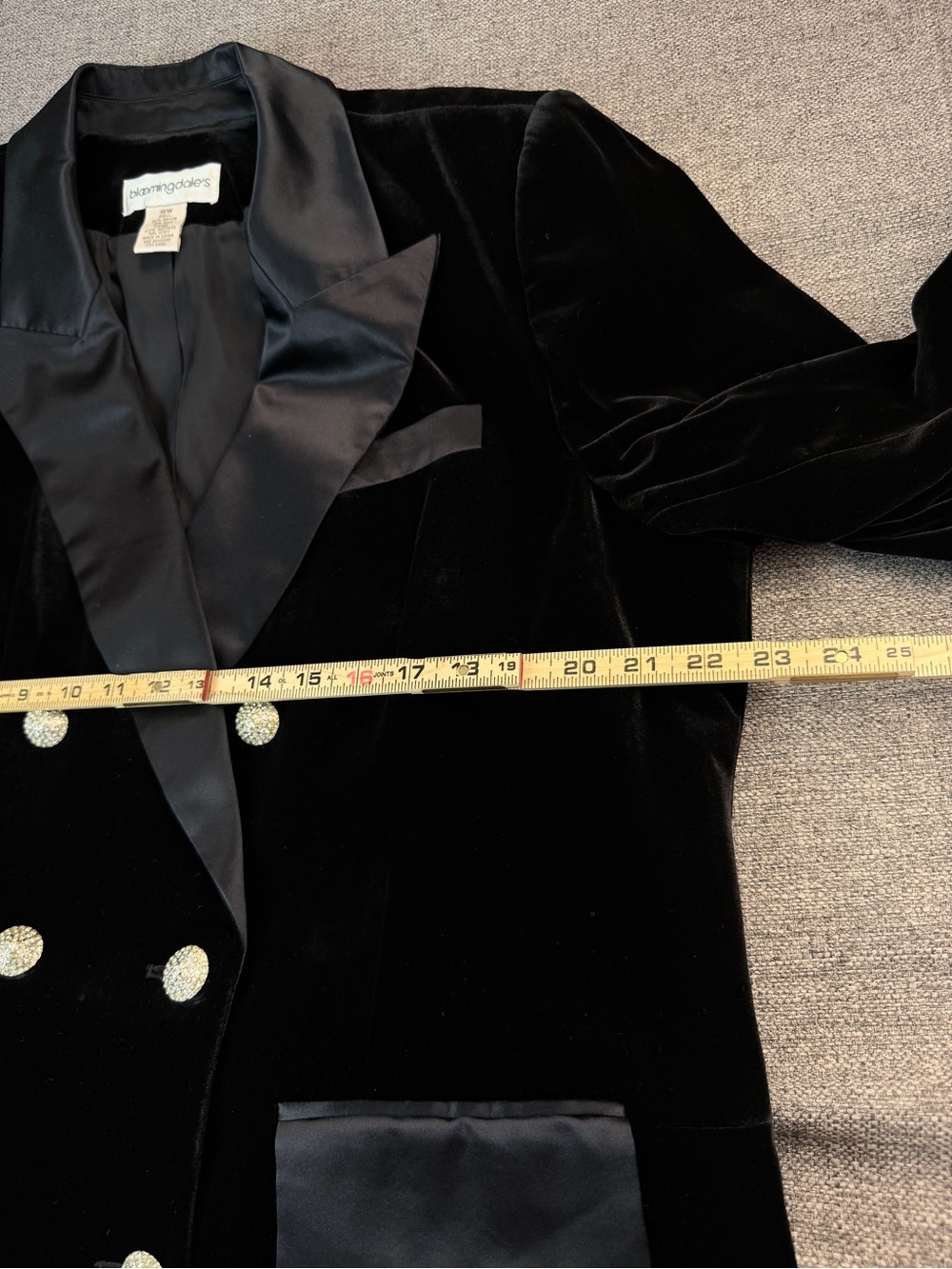 Bloomingdale's Black Velvet Double-Breasted Blazer with Satin Trim - Picture 9 of 12